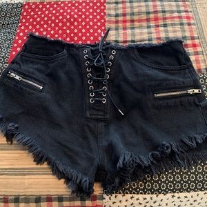 Black lace up denim shorts